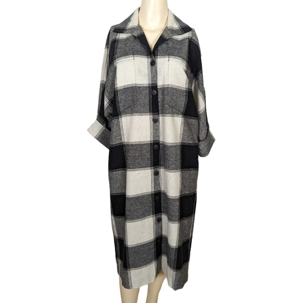 Vintage HIRSHIES black white plaid 3/4" sleeve shirt dress minimalist Size 11-12